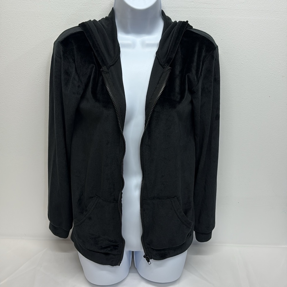 Flypig Black full zip velour Hoodie sweatshirt top women size medium Y2K New